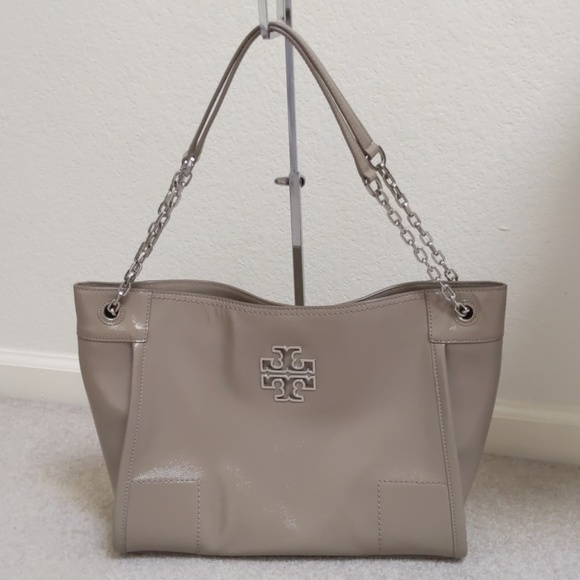 Tory Burch Handbags - Tory Burch Patent Leather Taupe Gray Tote Like New